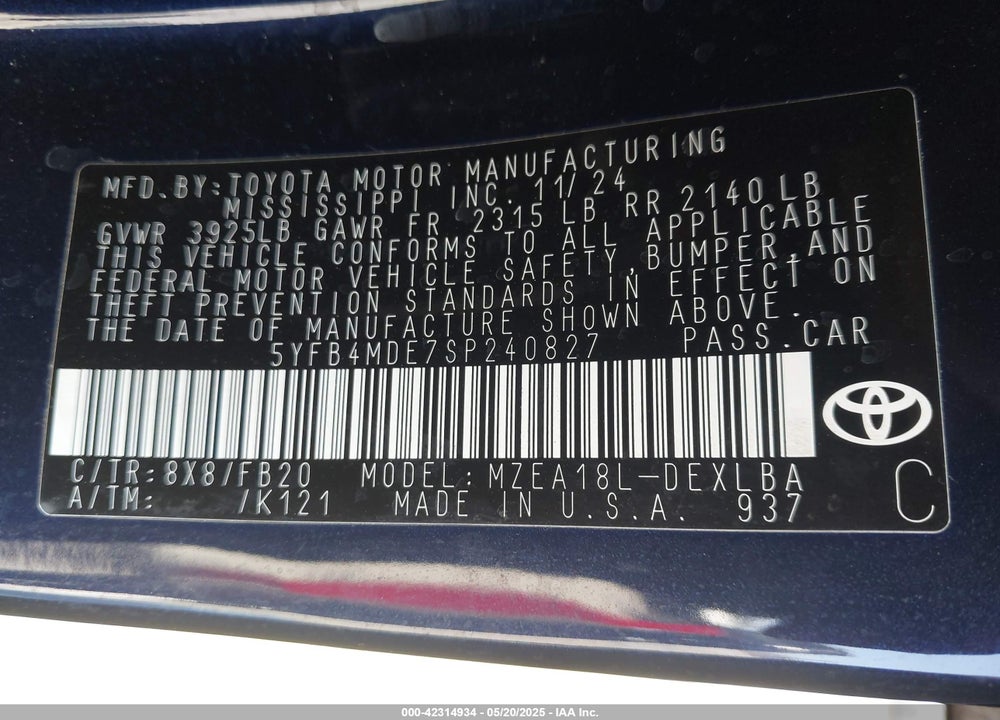 2025 TOYOTA COROLLA LE VIN: 5YFB4MDE7SP240827