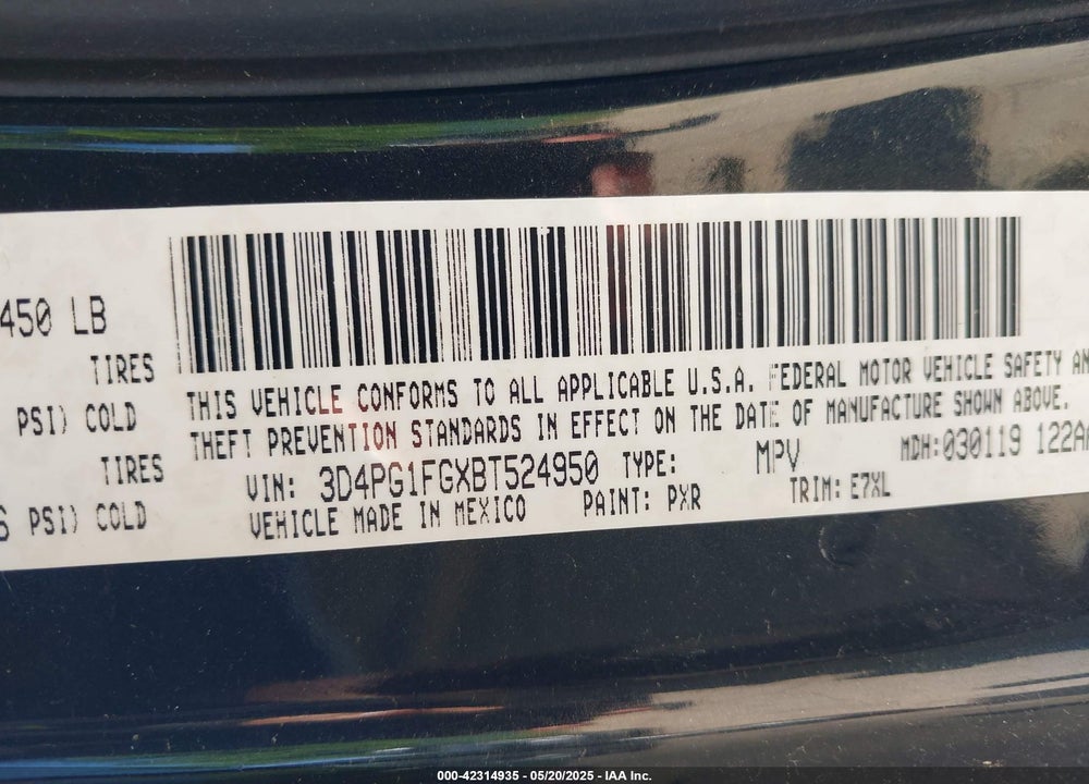 2011 DODGE JOURNEY VIN: 3D4PG1FGXBT524950