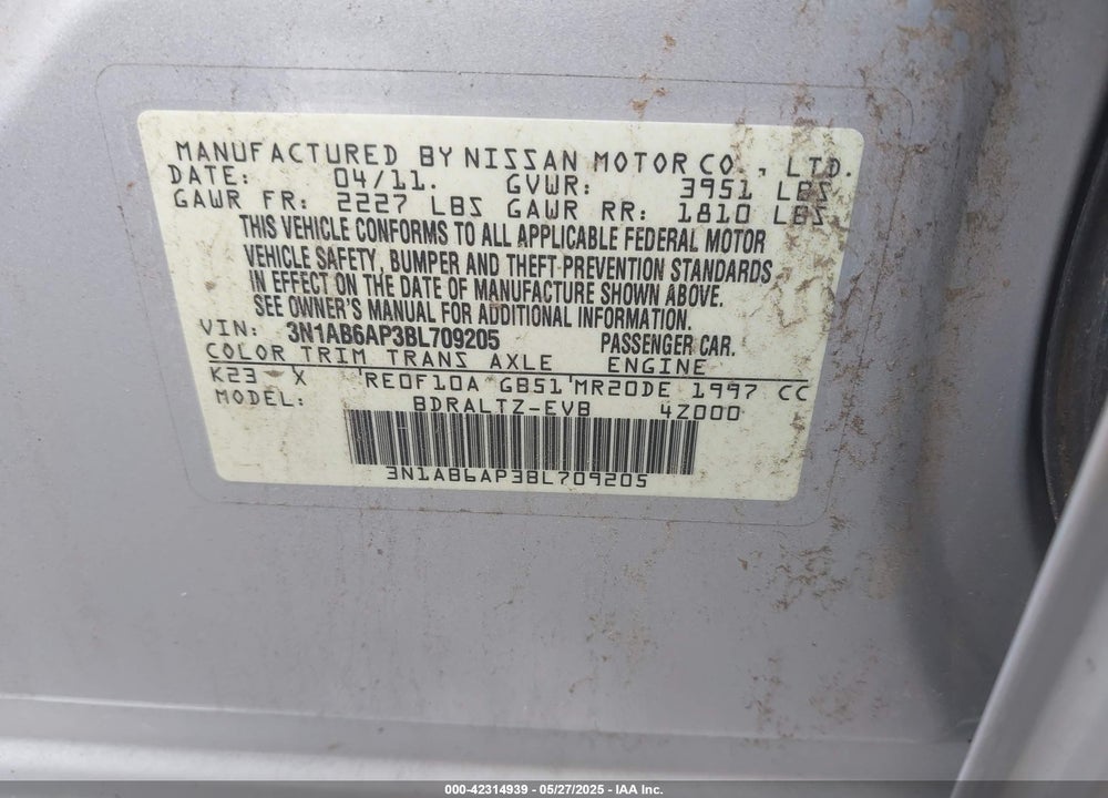 2011 NISSAN SENTRA VIN: 3N1AB6AP3BL709205