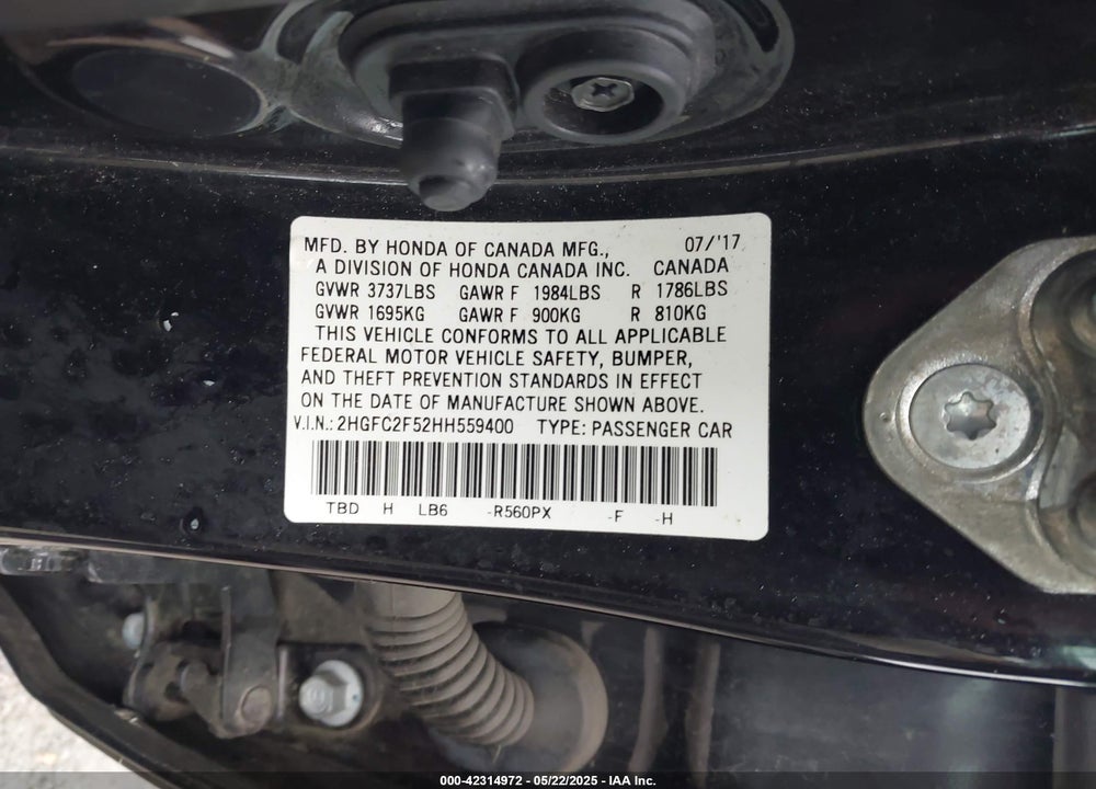2017 HONDA CIVIC VIN: 2HGFC2F52HH559400