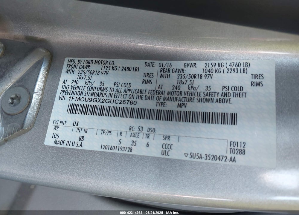 2016 FORD ESCAPE SE VIN: 1FMCU9GX2GUC26760