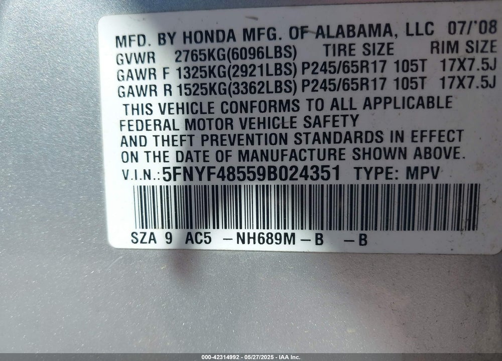 2009 HONDA PILOT VIN: 5FNYF48559B024351
