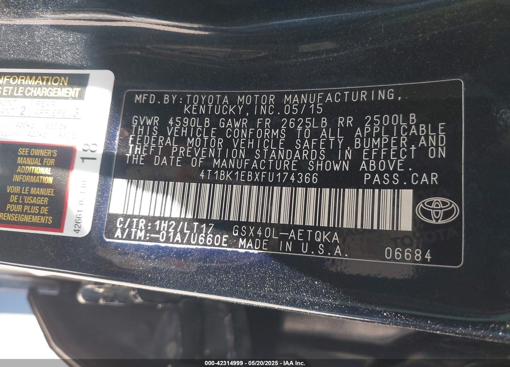 2015 TOYOTA AVALON VIN: 4T1BK1EBXFU174366