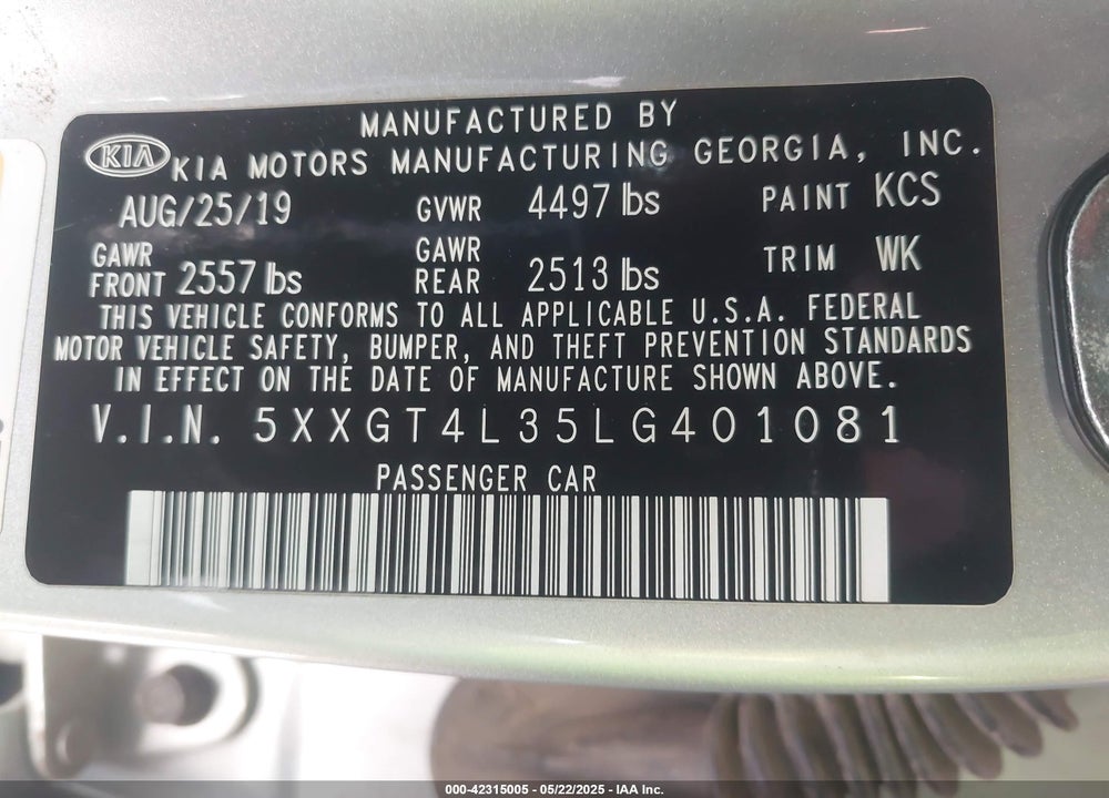 2020 KIA OPTIMA LX VIN: 5XXGT4L35LG401081