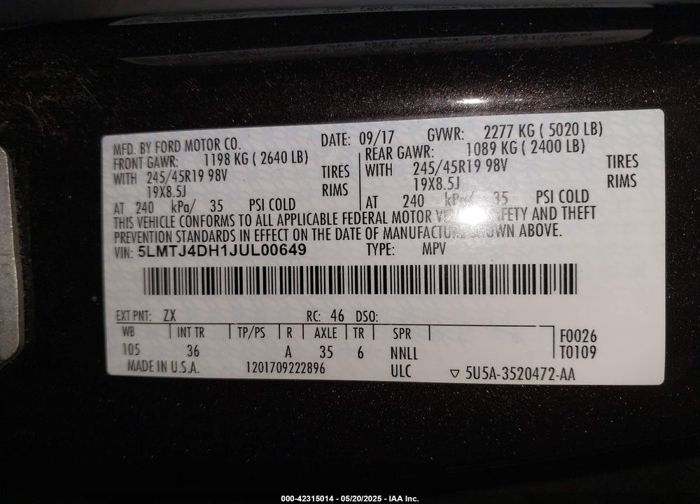 2018 LINCOLN MKC VIN: 5LMTJ4DH1JUL00649