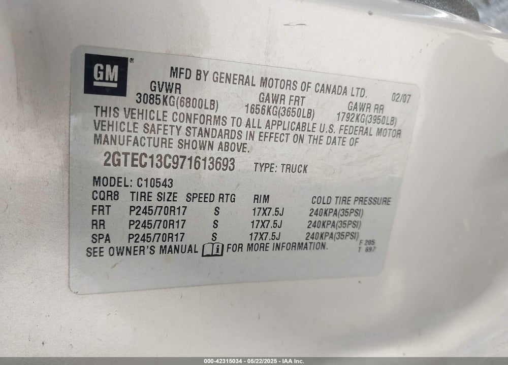 2007 GMC SIERRA 1500 SLE1 VIN: 2GTEC13C971613693