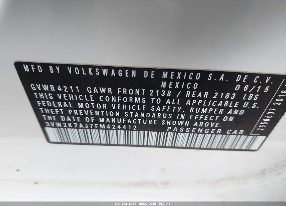2015 VOLKSWAGEN JETTA 2.0L S VIN: 3VW2K7AJ7FM424412