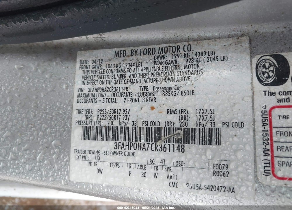 2012 FORD FUSION SE VIN: 3FAHP0HA7CR361148