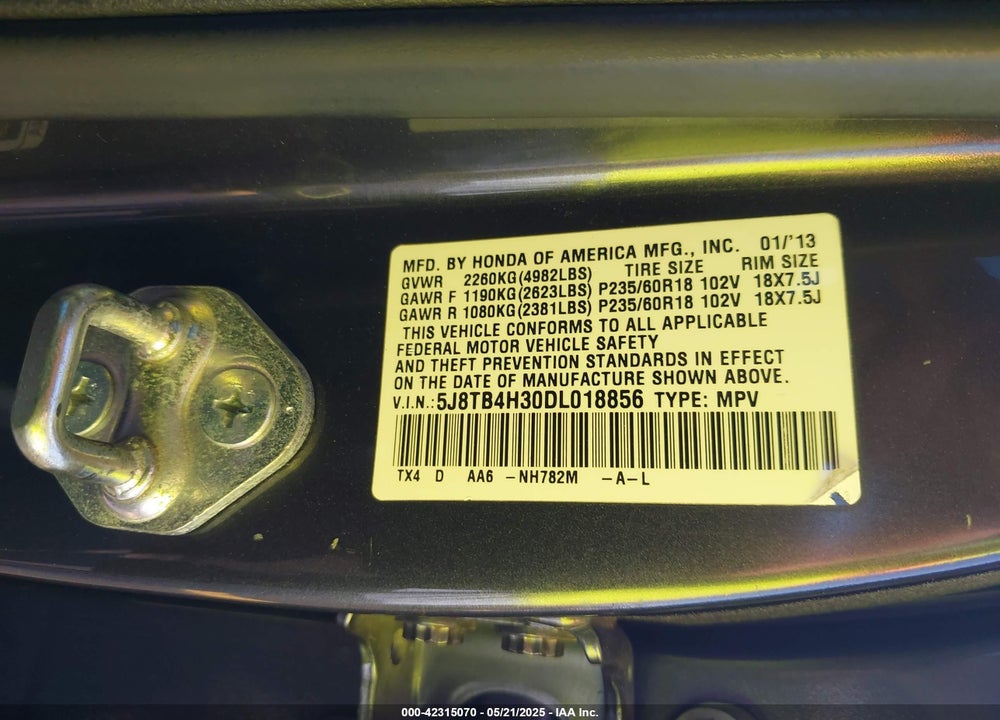 2013 ACURA RDX VIN: 5J8TB4H30DL018856