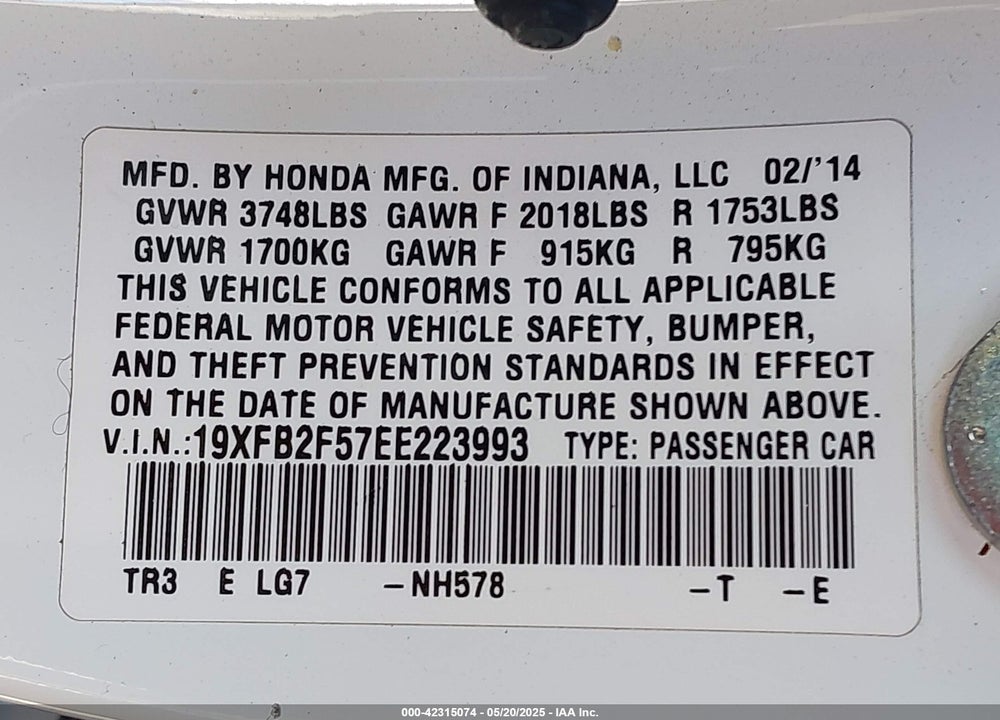 2014 HONDA CIVIC LX VIN: 19XFB2F57EE223993