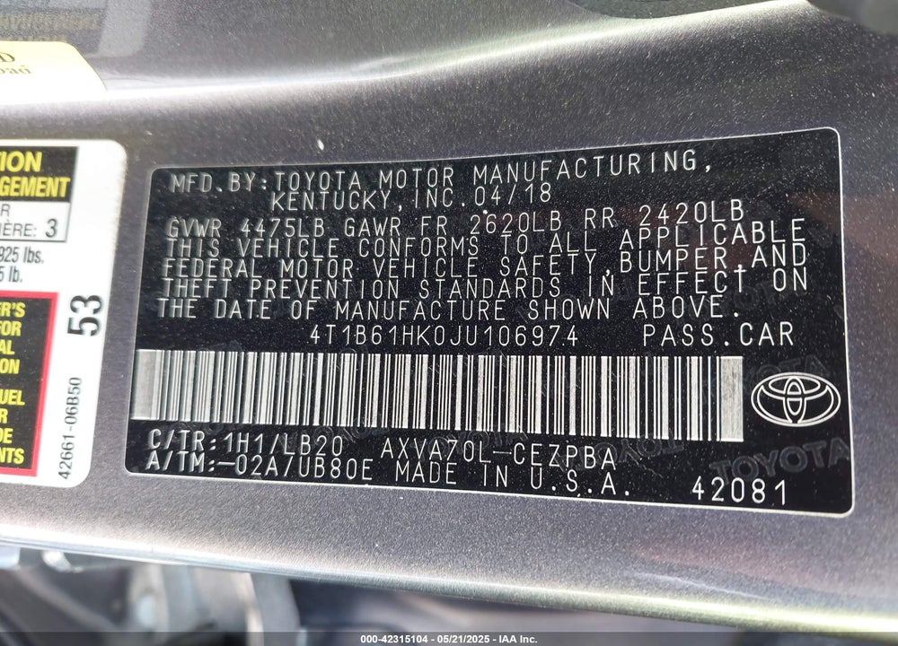 2018 TOYOTA CAMRY VIN: 4T1B61HK0JU106974