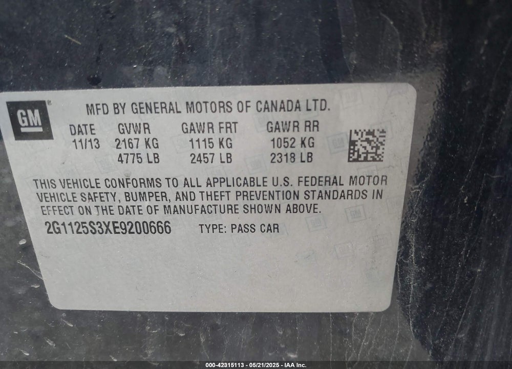 2014 CHEVROLET IMPALA 2LT VIN: 2G1125S3XE9200666