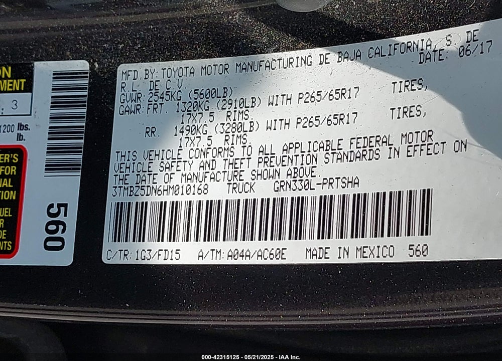 2017 TOYOTA TACOMA VIN: 3TMBZ5DN6HM010168