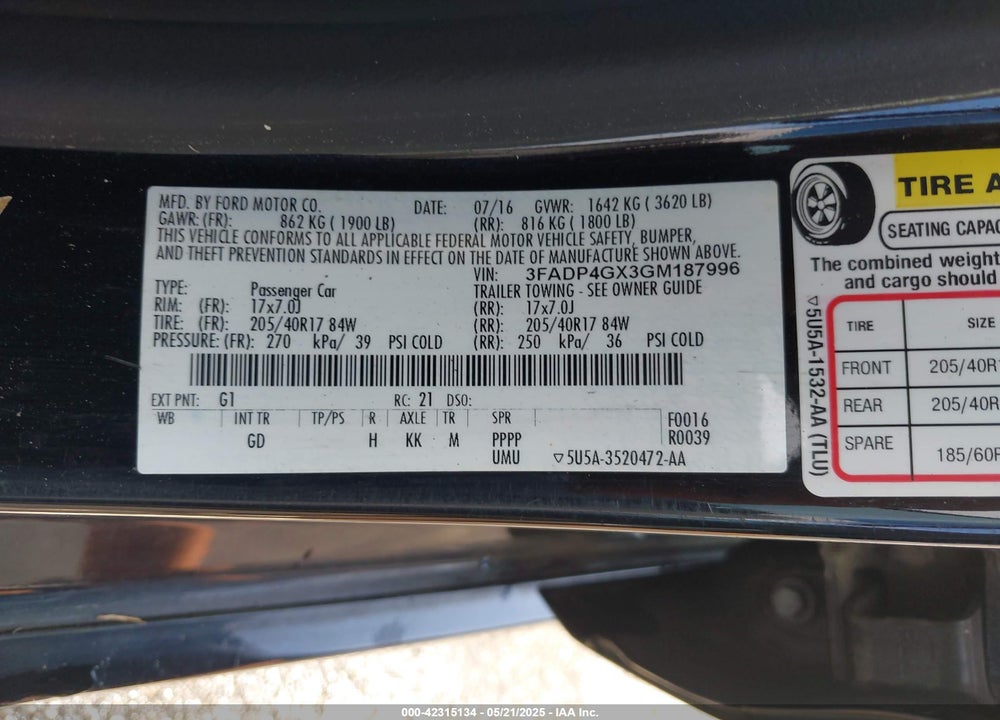 2016 FORD FIESTA ST VIN: 3FADP4GX3GM187996