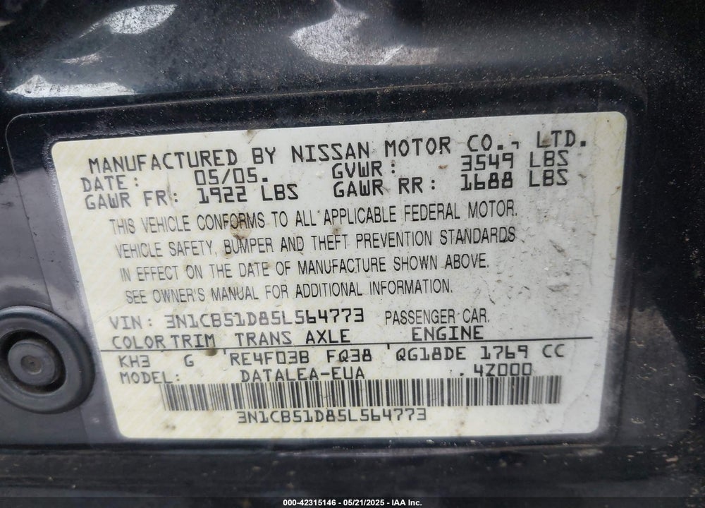 2005 NISSAN SENTRA VIN: 3N1CB51D85L564773