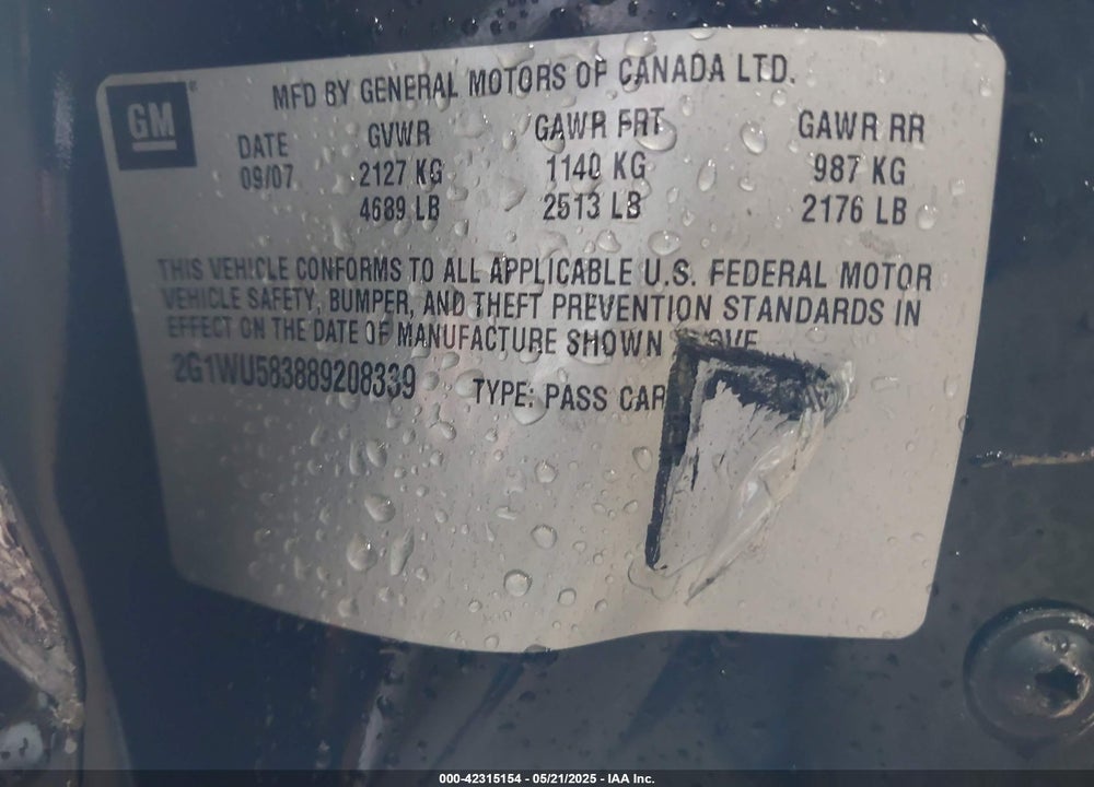 2008 CHEVROLET IMPALA VIN: 2G1WU583889208339