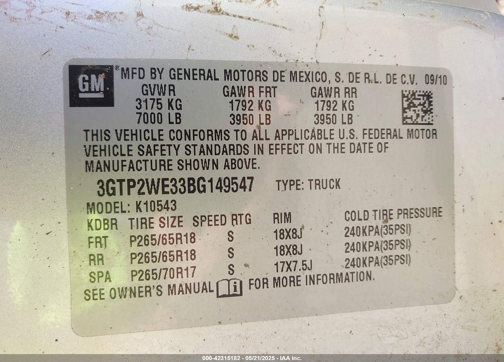 2011 GMC SIERRA 1500 SLT VIN: 3GTP2WE33BG149547