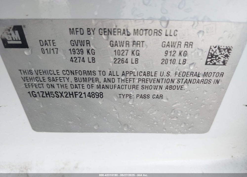 2017 CHEVROLET MALIBU PREMIER VIN: 1G1ZH5SX2HF214898