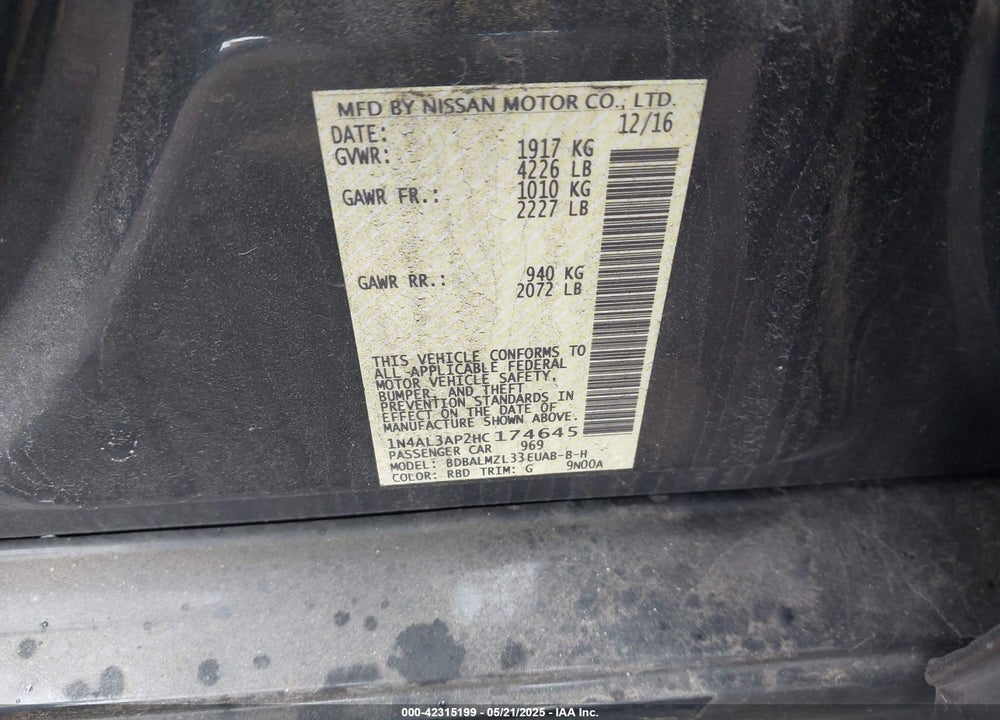2017 NISSAN ALTIMA 2.5 SV VIN: 1N4AL3AP2HC174645