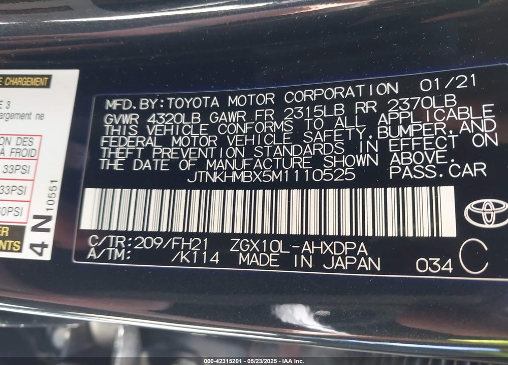 2021 TOYOTA C-HR LE VIN: JTNKHMBX5M1110525