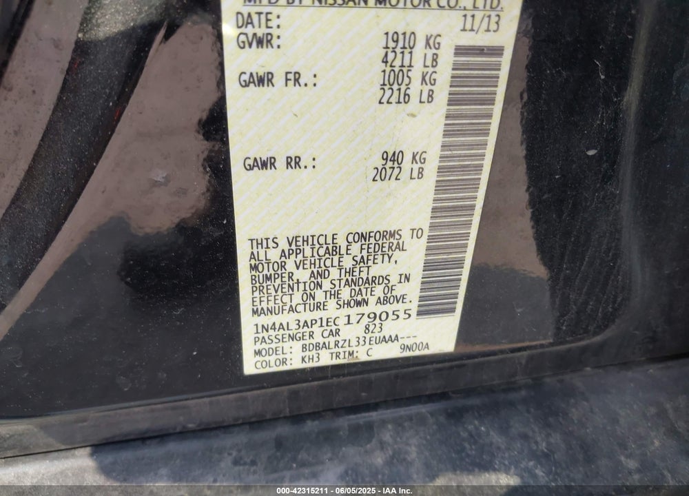 2014 NISSAN ALTIMA VIN: 1N4AL3AP1EC179055