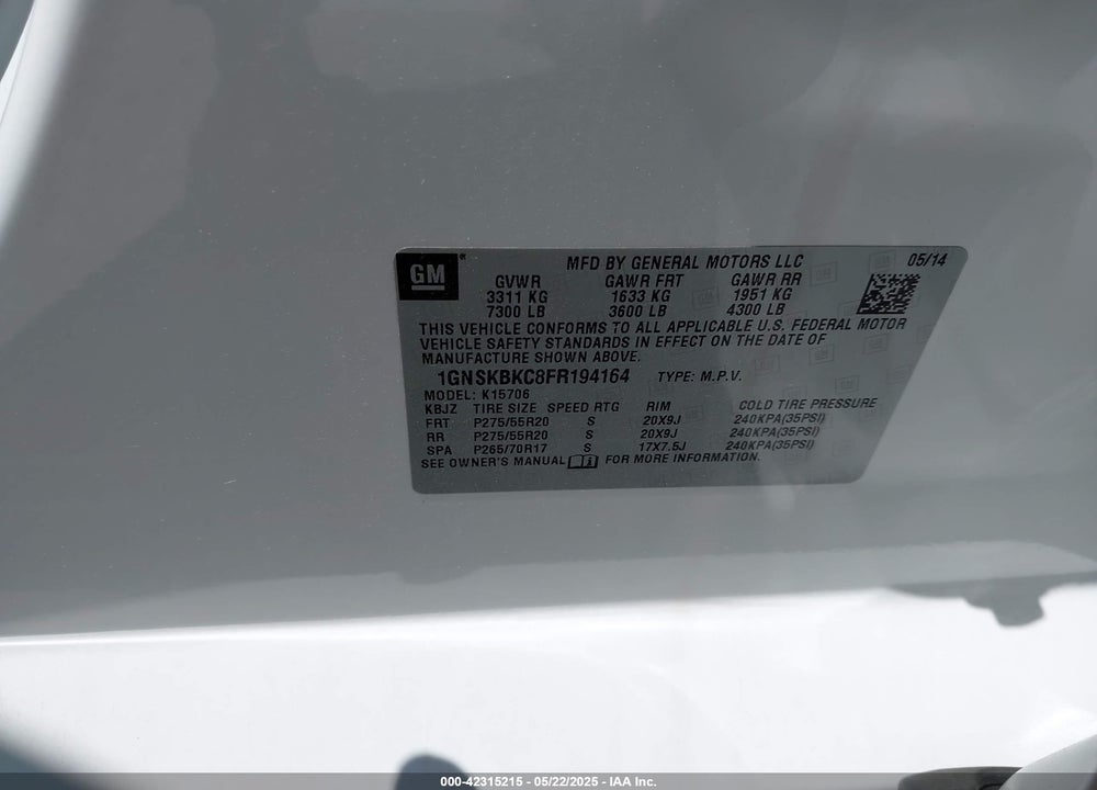 2015 CHEVROLET TAHOE VIN: 1GNSKBKC8FR194164