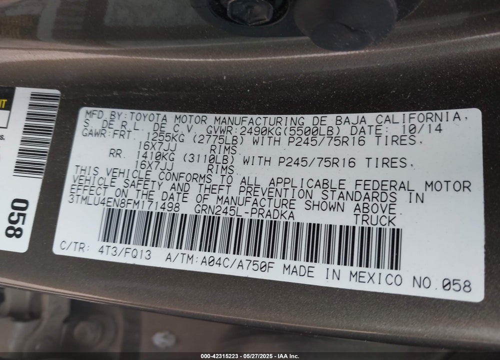 2015 TOYOTA TACOMA VIN: 3TMLU4EN8FM171498
