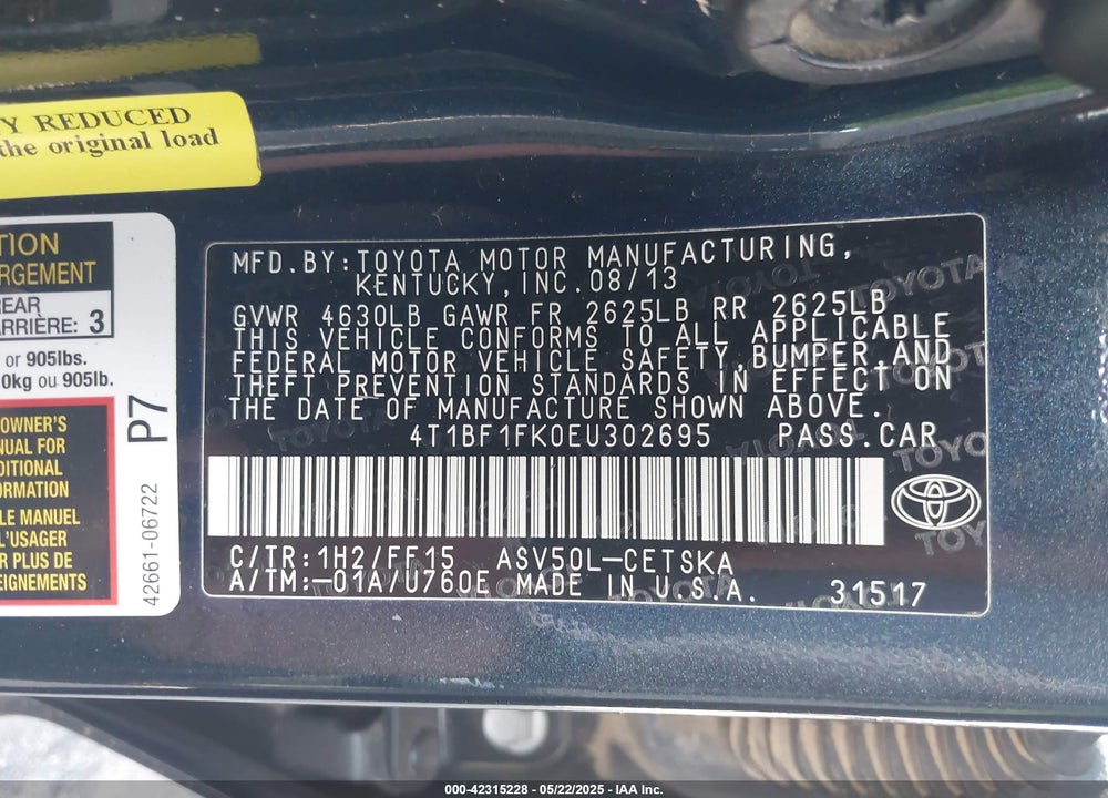 2014 TOYOTA CAMRY VIN: 4T1BF1FK0EU302695