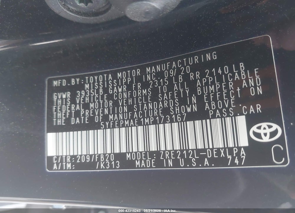 2021 TOYOTA COROLLA VIN: 5YFEPMAE1MP173167