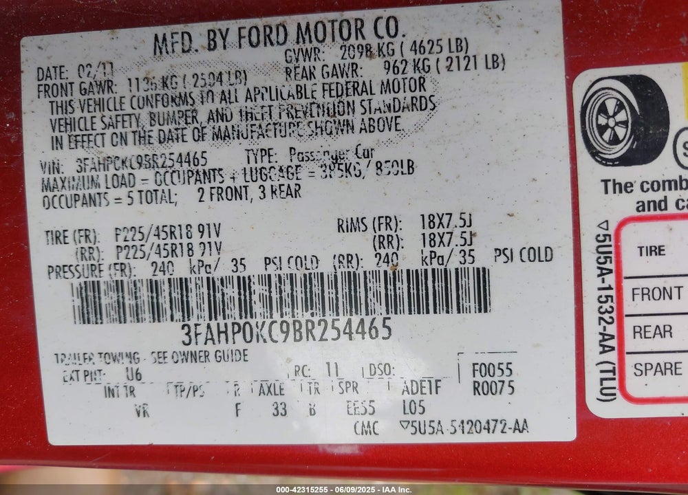 2011 FORD FUSION SPORT VIN: 3FAHP0KC9BR254465