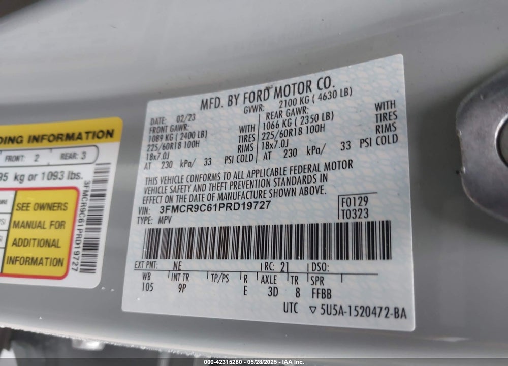 2023 FORD BRONCO SPORT VIN: 3FMCR9C61PRD19727