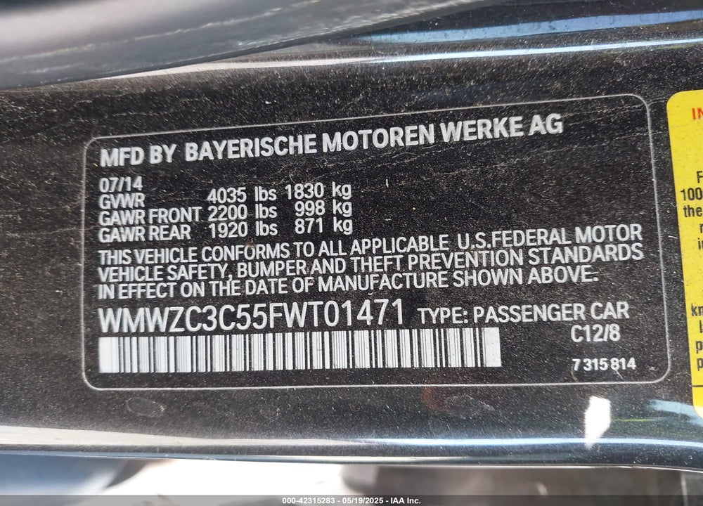 2015 MINI COUNTRYMAN VIN: WMWZC3C55FWT01471