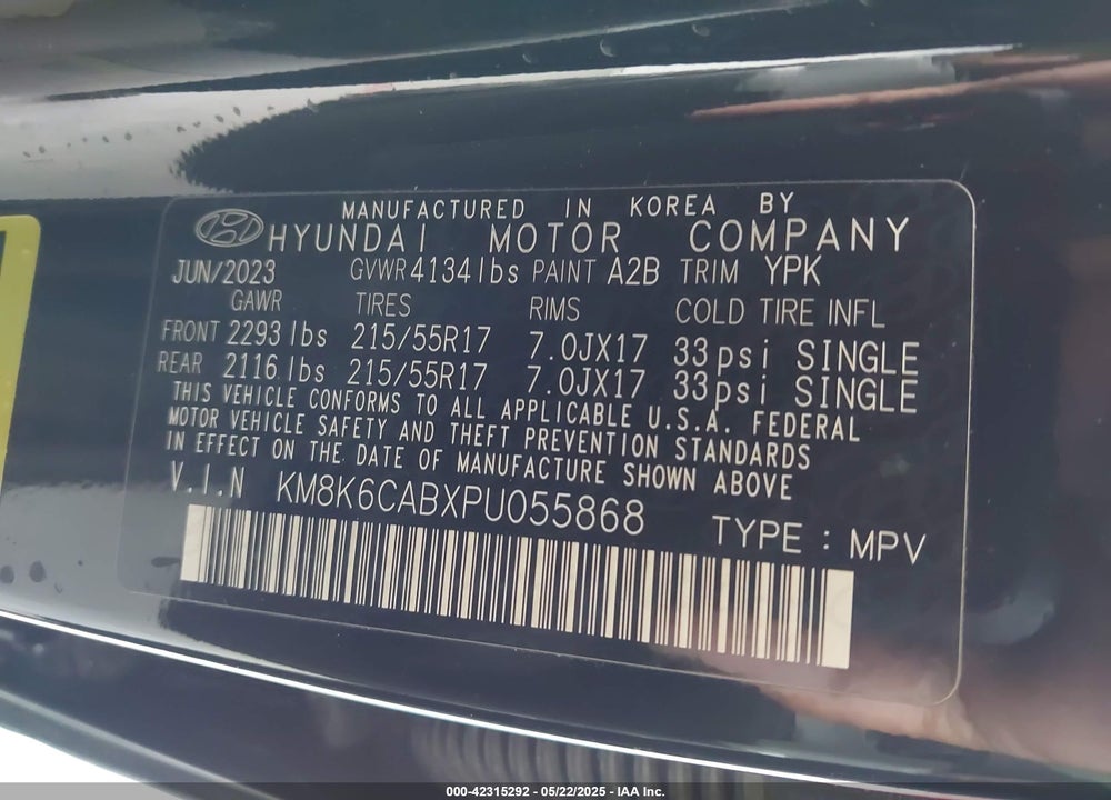 2023 HYUNDAI KONA VIN: KM8K6CABXPU055868