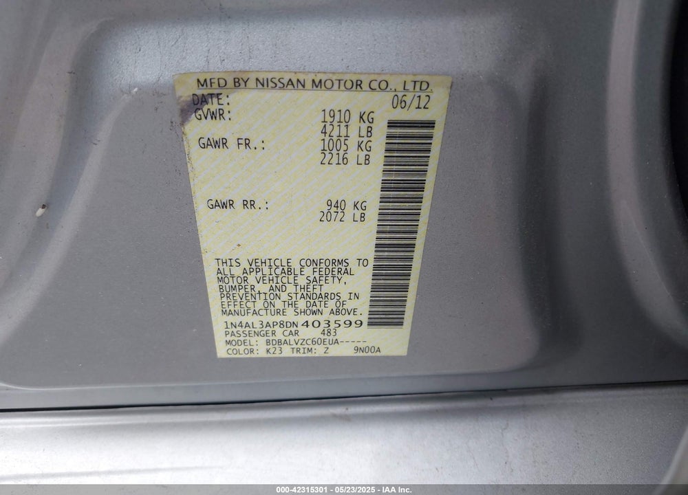 2013 NISSAN ALTIMA VIN: 1N4AL3AP8DN403599
