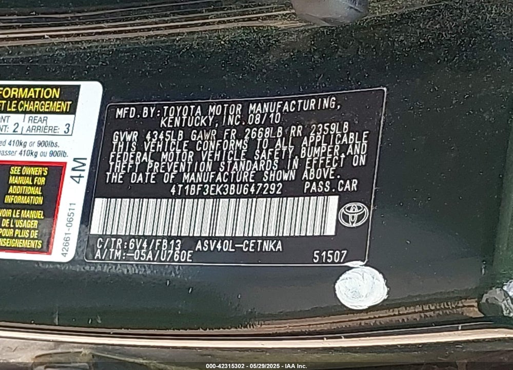 2011 TOYOTA CAMRY VIN: 4T1BF3EK3BU647292