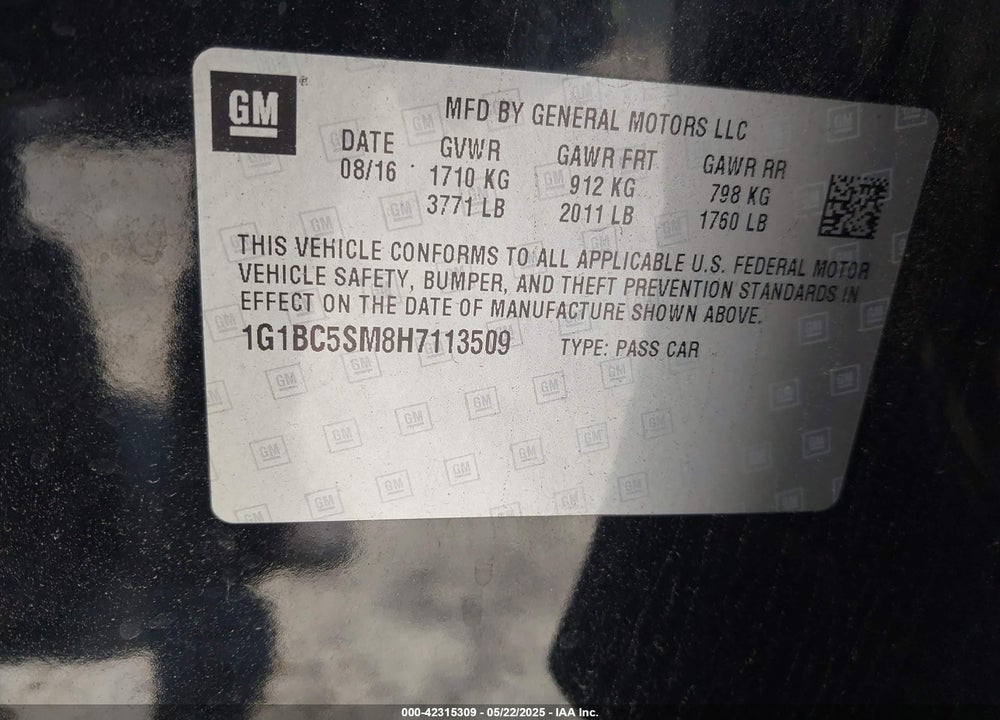 2017 CHEVROLET CRUZE VIN: 1G1BC5SM8H7113509