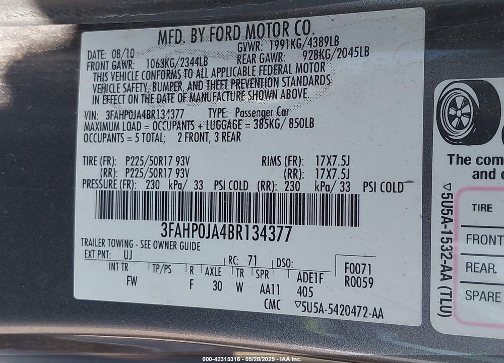 2011 FORD FUSION VIN: 3FAHP0JA4BR134377