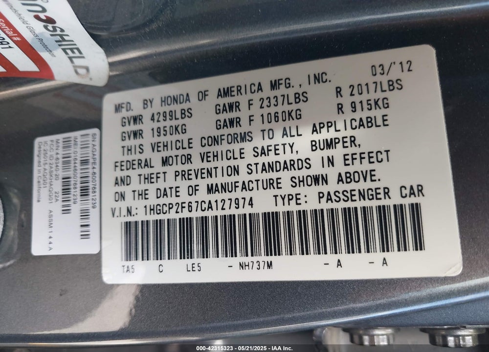 2012 HONDA ACCORD 2.4 SE VIN: 1HGCP2F67CA127974