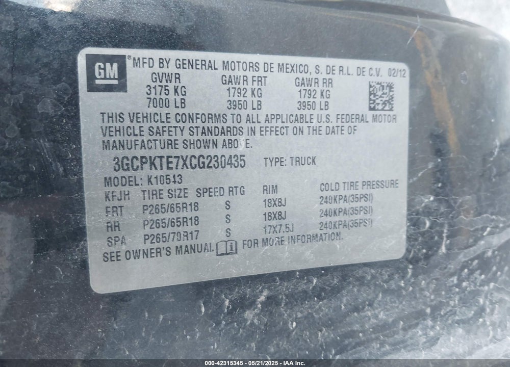 2012 CHEVROLET SILVERADO 1500 LTZ VIN: 3GCPKTE7XCG230435