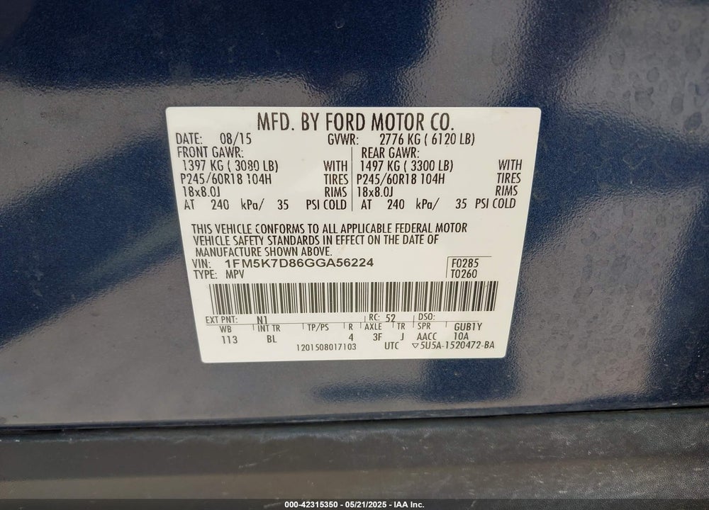 2016 FORD EXPLORER VIN: 1FM5K7D86GGA56224