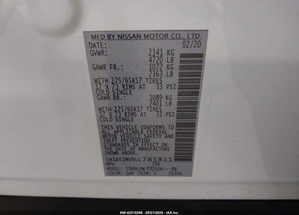 2020 NISSAN ROGUE S INTELLIGENT AWD VIN: 5N1AT2MV9LC785811
