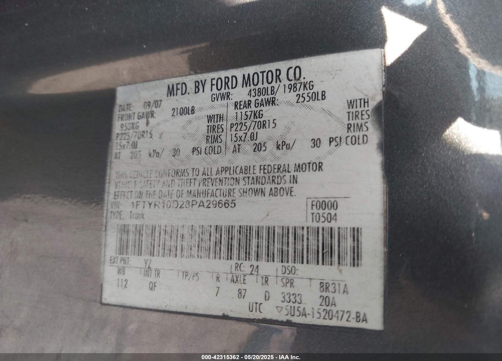 2008 FORD RANGER VIN: 1FTYR10D28PA29665