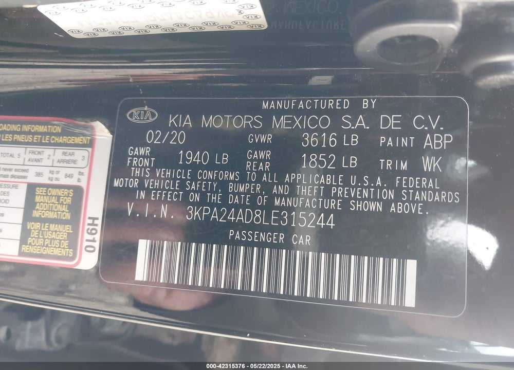 2020 KIA RIO LX VIN: 3KPA24AD8LE315244