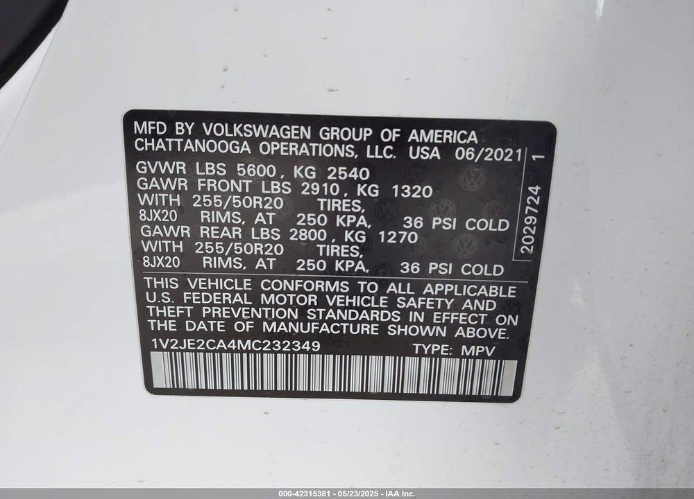 2021 VOLKSWAGEN ATLAS CROSS SPORT VIN: 1V2JE2CA4MC232349