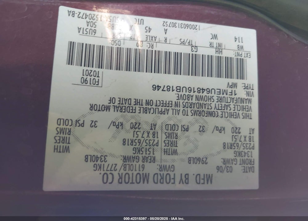 2006 FORD EXPLORER EDDIE BAUER VIN: 1FMEU64816UB18746