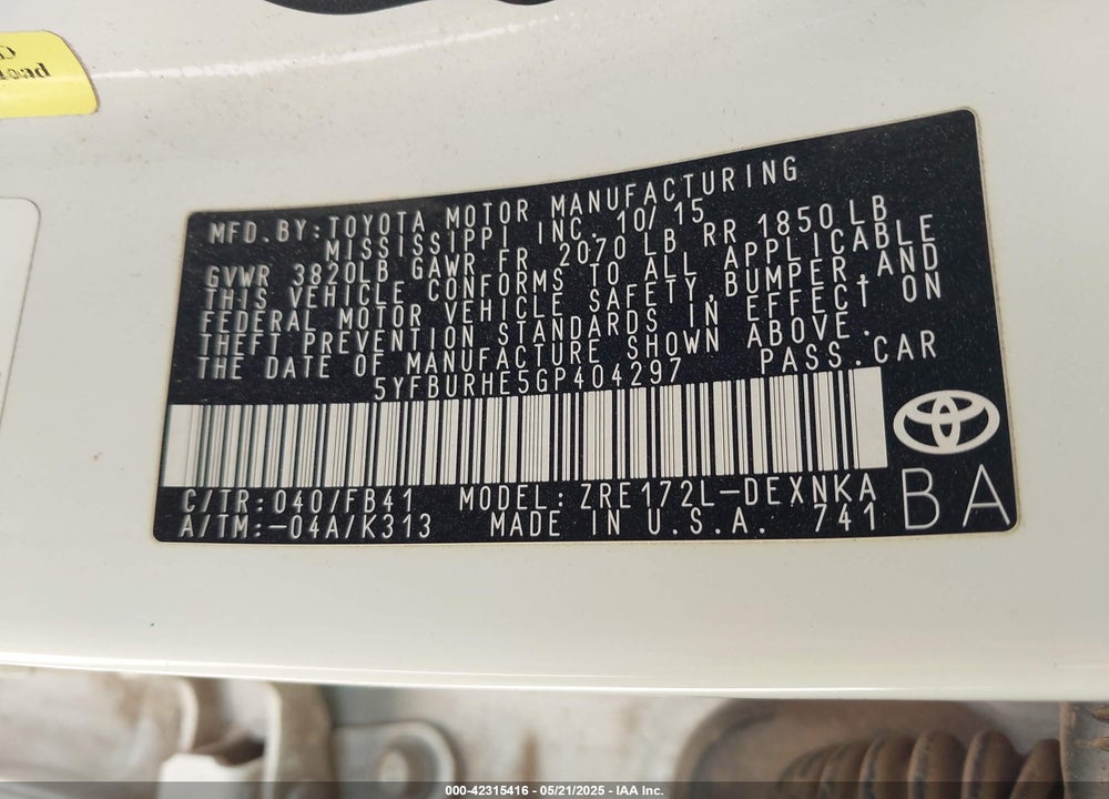 2016 TOYOTA COROLLA LE VIN: 5YFBURHE5GP404297