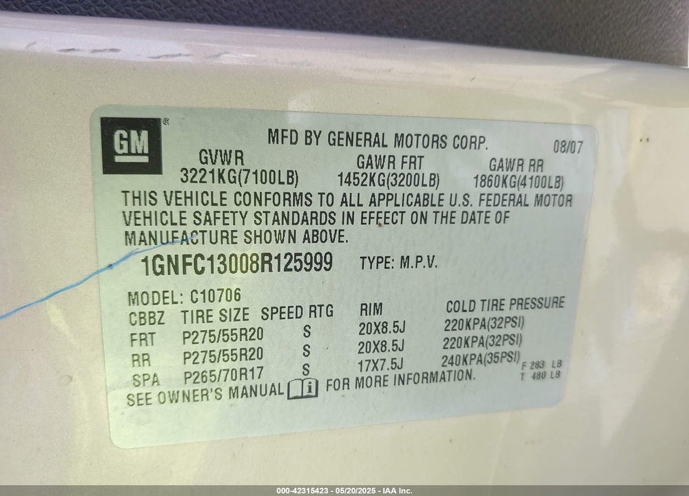 2008 CHEVROLET TAHOE LT VIN: 1GNFC13008R125999