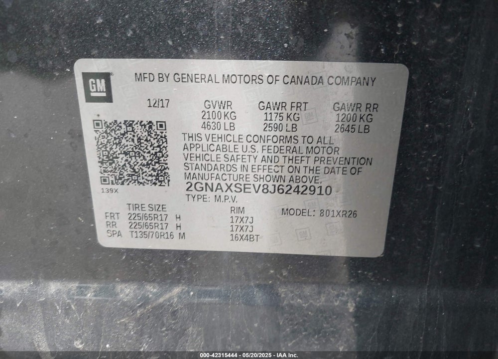 2018 CHEVROLET EQUINOX VIN: 2GNAXSEV8J6242910
