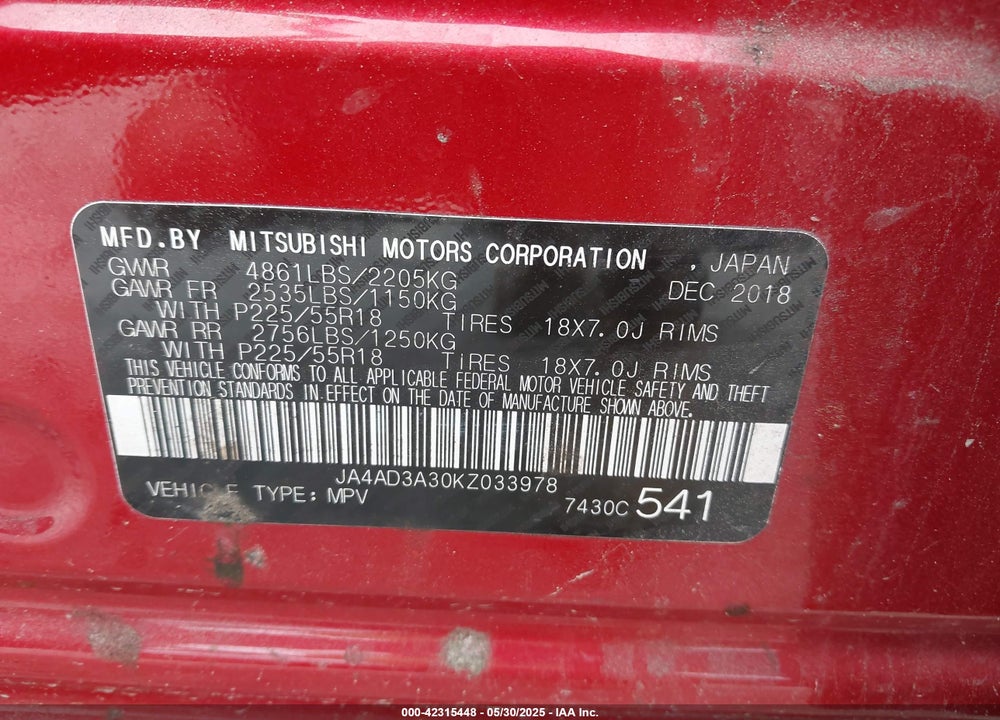 2019 MITSUBISHI OUTLANDER SEL VIN: JA4AD3A30KZ033978