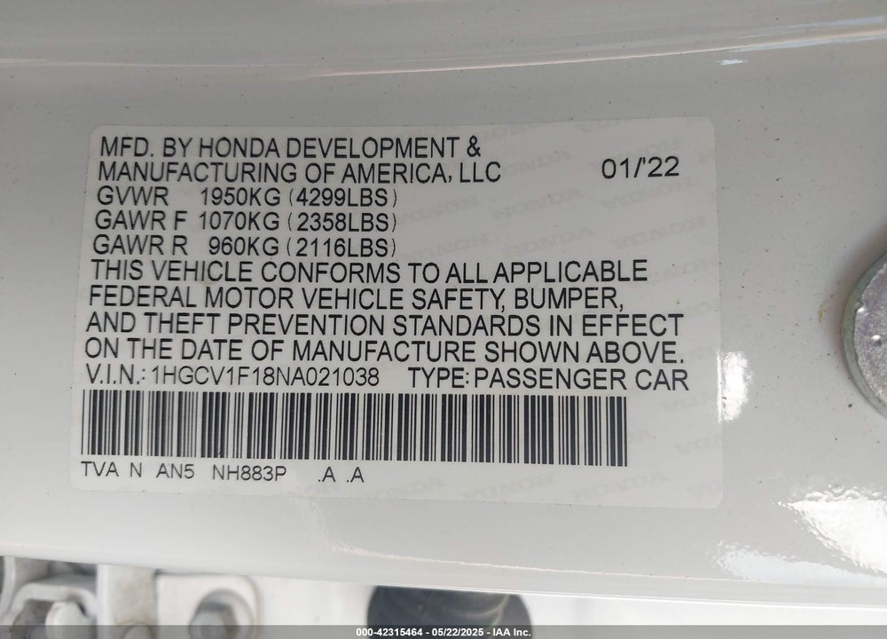 2022 HONDA ACCORD VIN: 1HGCV1F18NA021038